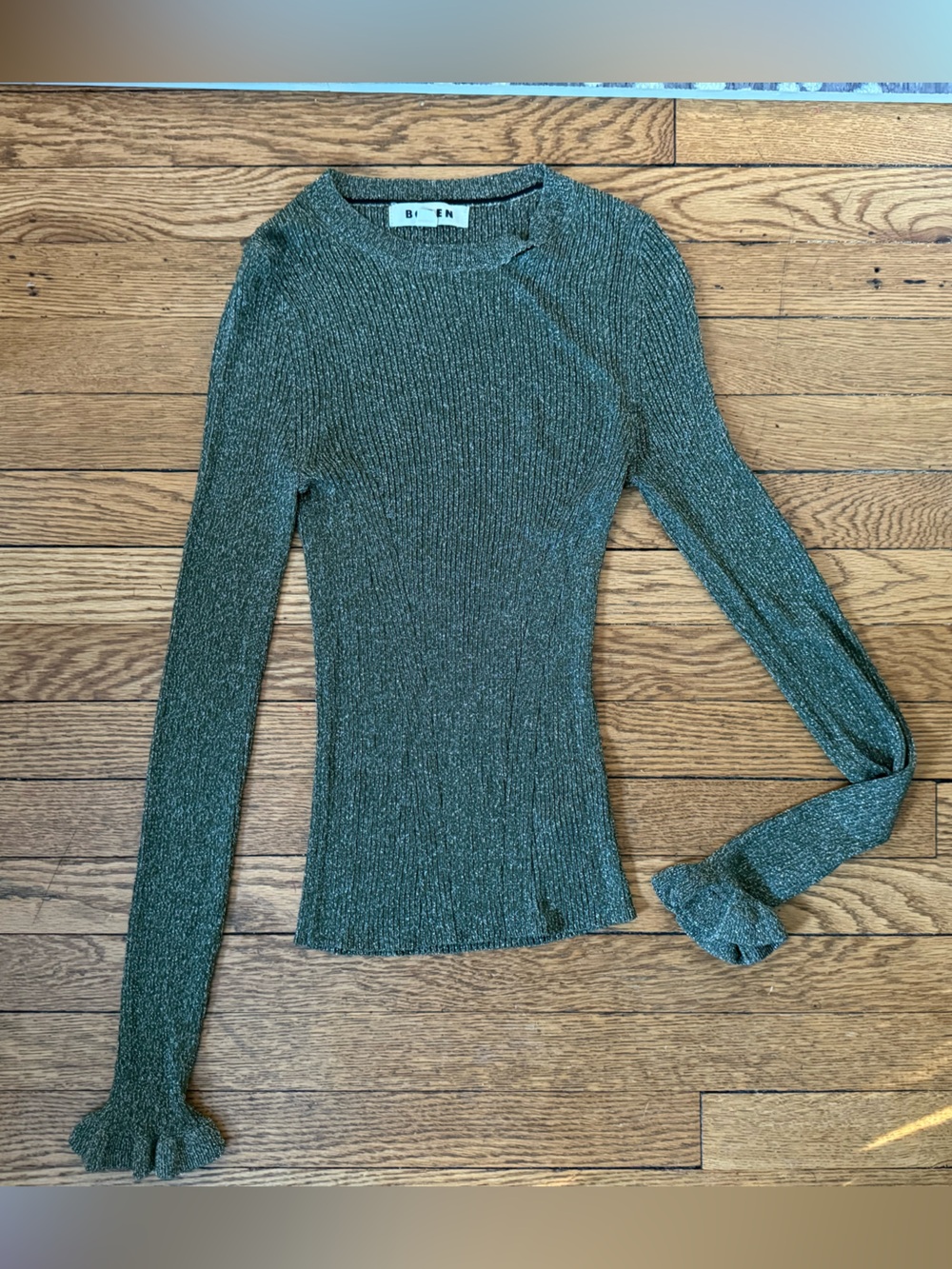 Boden Metallic Olive Ribbed Long-Sleeve Tee - Size XS